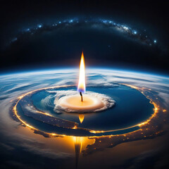 Planet earth burning in a candle with bokeh background. 3D illustration.