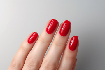 Female Hand With Red Nail Design, Red Color Gel Polish Manicure