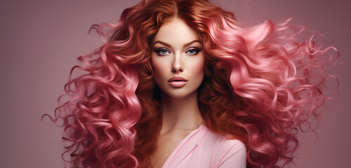 Woman with pink curly long healthy hair, Healthy Hair banner 