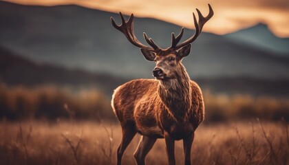 Banner with red deer stag in the autumn field. Noble deer male. Beautiful animal in the nature habitat. Wildlife scene from the wild nature landscape. Wallpaper, beautiful fall background - obrazy, fototapety, plakaty