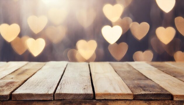 valentine s day themed background with empty pastel color wooden table for product display bokeh lights copy space and hearts in the background