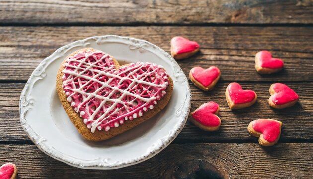 homemade valentine cookies on wooden table