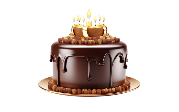 3D image of Gold Topper Happy Birthday Chocolate cake isolated on transparent background.