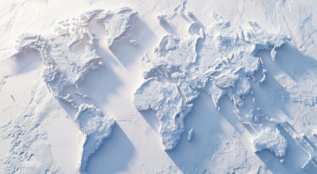 Map of the world made of snow. Glacial period. Cold. Cooling