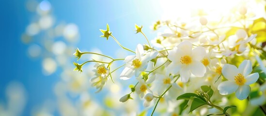 The blooming white flowers with yellow middle, surrounded by green nature under the shining open sky.
