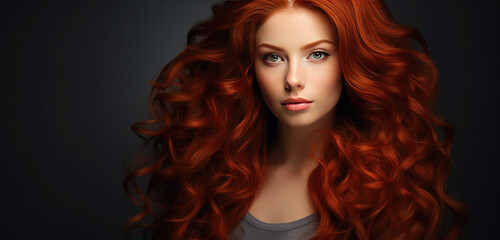 Obraz premium Woman with red curly long healthy hair, Healthy Hair banner 