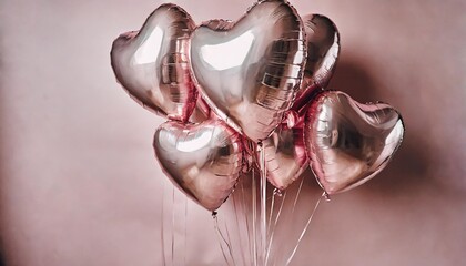pink heart shaped helium balloons on pink background foilr balloons on pastel pink background minimal love concept valentine s day or wedding party decoration metallic balloongenerated