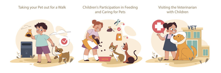 Children and Pets set. Walk routines and waste disposal. Kids learning to feed and nurture animals. First vet visit experiences.