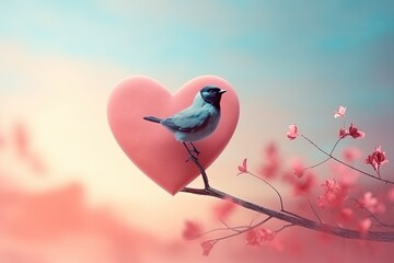 Bird silhouette in heart shape on pastel background for Valentine's Day - obrazy, fototapety, plakaty
