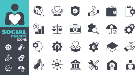Social policy Icons set. Solid icon collection. Vector graphic elements, Business, Symbol, Healthcare and Medicine, Security, Education, Law, Employee, Government