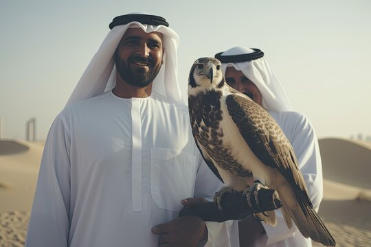 Middleeastern friends bonding in Dubai desert with falcon and UAE flag