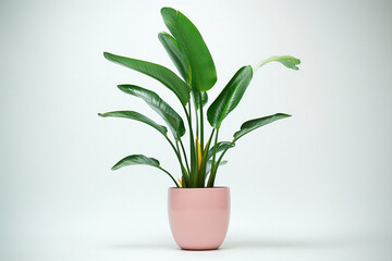 Tropical plants Strelitzia in a pink color pot, Home decor indoor plant for interior decoration, on a white background