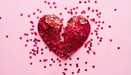 glitter heart dissolving into pieces on pink background valentines day broken heart and love emergence concept