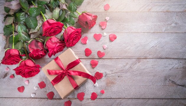valentines day background valentines day card with roses and gifts on wooden board