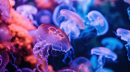 Obraz premium Bright neon colourful jellyfishes on a black background 