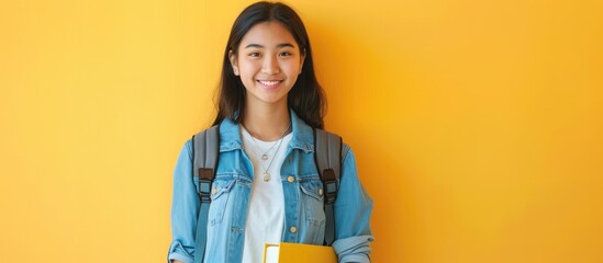 Asian college student posing against yellow studio backdrop with books and backpack, conveying education theme. - obrazy, fototapety, plakaty