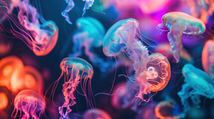Obraz premium Bright neon colourful jellyfishes on a black background 