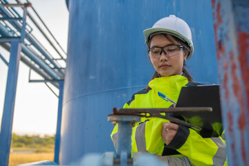 Environmental engineers work at wastewater treatment plants,Female plumber technician working at water supply