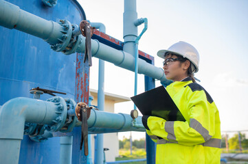 Environmental engineers work at wastewater treatment plants,Female plumber technician working at...