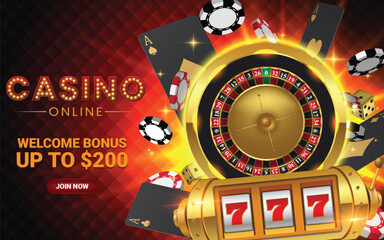 Casino online advertisement template vector design with gold slot machine, casino wheel, golden dice and black poker cards on red background
