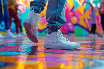 A close-up of a breakdancer's feet doing intricate footwork on a dance floor with colorful graffiti art, during an international breakdance competition