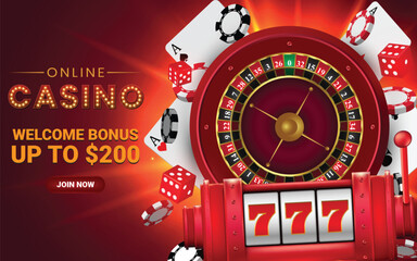 Online casino advertisement template design with red slot machine, red casino wheel and red dice on red background