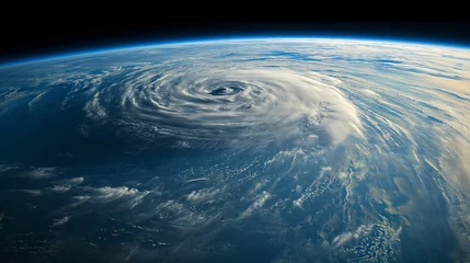 Deurstickers A colossal cyclone swirls over the Pacific Ocean, its vast spiral cloud formations captured in stunning detail from the vantage point of space. © TensorSpark