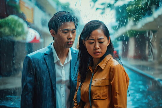  sad woman and sad man, raindrops fall