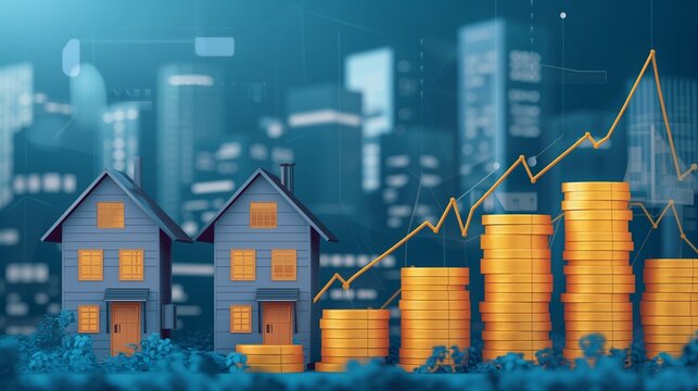 An illustrative concept of the housing market, showcasing residential real estate development, property investment growth, and the upward trend in housing sales and prices.