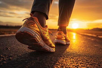 An unidentified man walks in red sneakers on the asphalt towards the sunset. The concept of the big way. - obrazy, fototapety, plakaty
