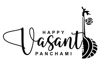 Happy Vasant Panchami lettering with Veena vector illustration.