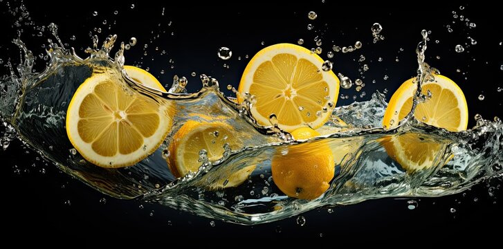 Dark background with sliced lemons and splashes of water. The concept of fruit freshness.