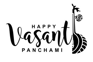 Happy Vasant Panchami lettering with Veena vector illustration.