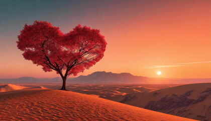 Abstrakcyjny krajobraz, pustynia z drzewem w kształcie serca. generative AI - obrazy, fototapety, plakaty