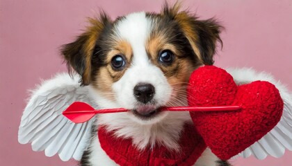 puppy dressed as a valentine cupid holding an arrow in his mouth