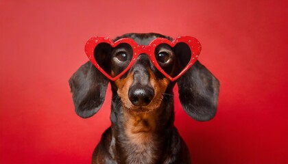 portrait of frustrated dachshund dog in dark heart shaped glasses on red background without emotions indifference in relationship stylized valentine day accessory party gift dating site advertising - obrazy, fototapety, plakaty