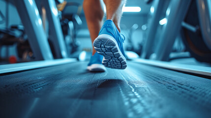 Close up of feet, sportsman runner running on treadmill in fitness club. Cardio workout. Healthy...