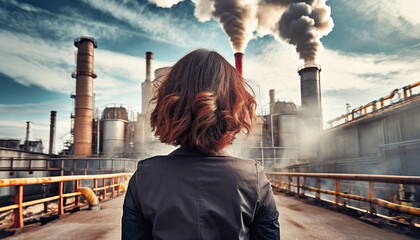  Back view of a woman looking at the factory with tubes with a lot of smoke, pollution concept