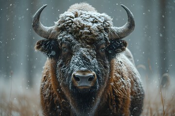 bison animal walking in winter