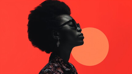 Beautiful black woman in sunglasses profile view. Side view photo of African American with afro...