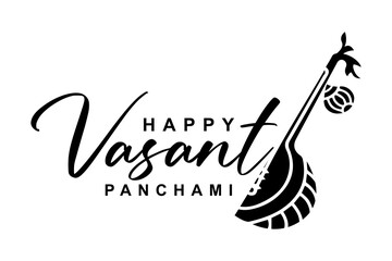 Happy Vasant Panchami lettering with Veena vector illustration.