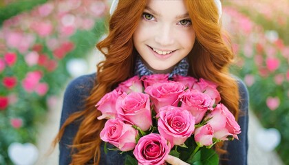 Naklejka premium Beautiful young girl with bouquet pink roses in hands and hearts around. Valentine's day concept