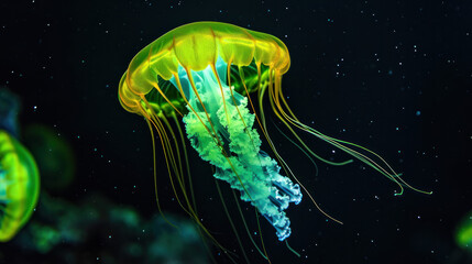 Bright neon colourful jellyfishes on a black background 