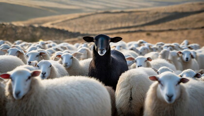 Black standing amidst a herd of white sheeps