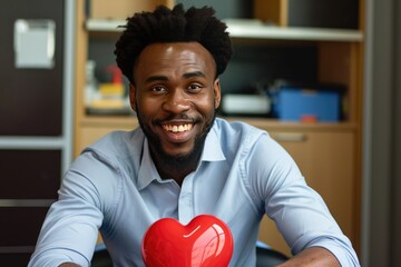 Handsome young man holding a heart shaped prize and smiling.