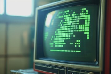 Close up of a retro TV set with eight bit graphics. Black-green monitor screen.