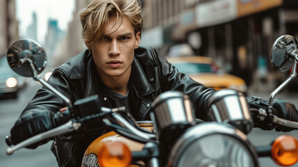 Fototapeta na wymiar Portrait of a handsome blond man in a leather jacket on a motorcycle against the backdrop of New York streets.