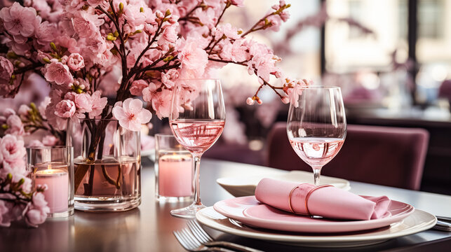 Festive table setting with elegant wine glasses, beautiful pink flowers in Asian style. Romantic dinner