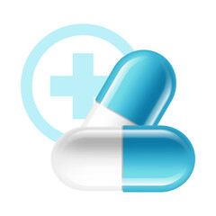 Pills, Vitamins. Blue pills with plus.  First aid. Health care.	
