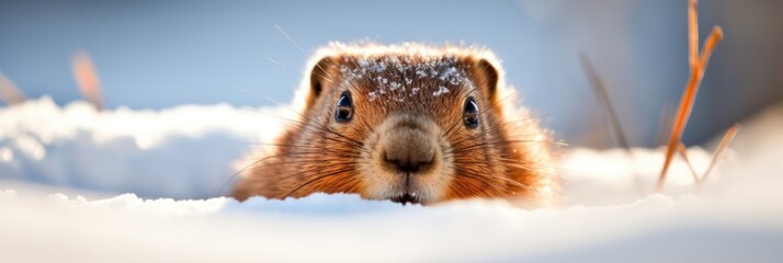 Groundhog day panoramic greeting banner, outdoor background with snow and copy space.